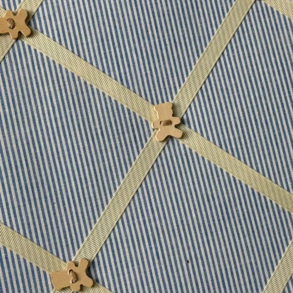 Blue White Striped French Memo Pin Board Beige Ribbon Wooden Bear Accents